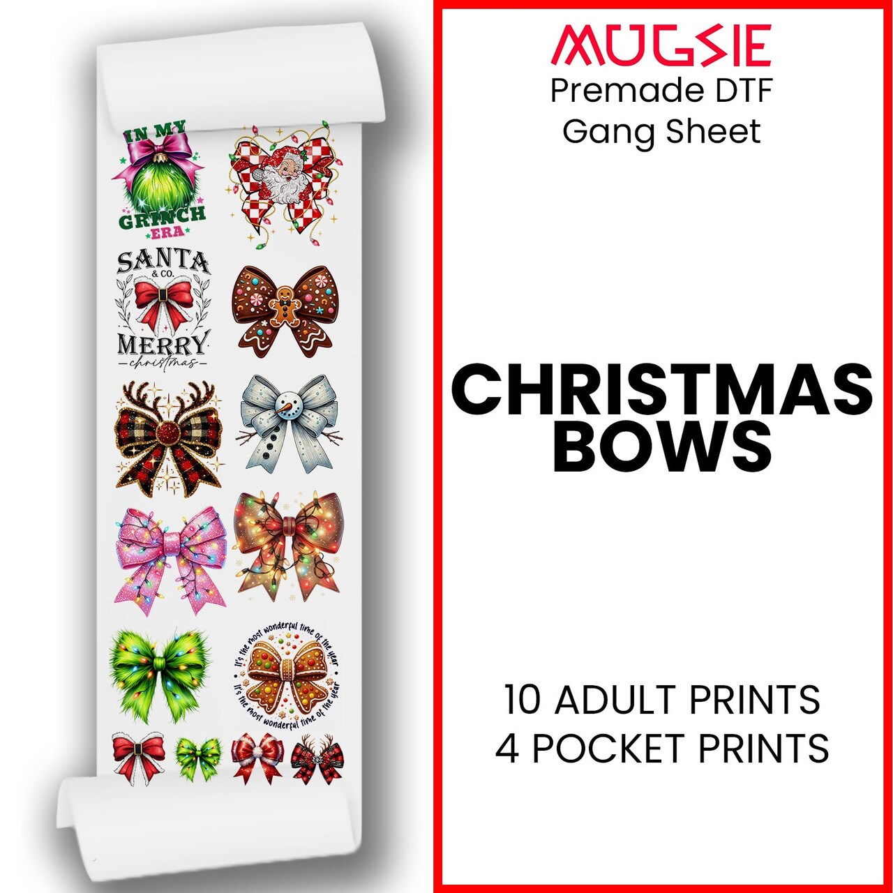 Christmas Bows - DTF Transfer 22x60 Direct-to-Film Gang Sheets - 10 Adult Prints And 4 Pocket Prints Iron On Transfers